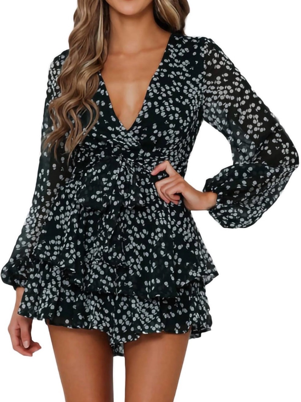 Amazon Essentials Black Floral Long-Sleeve V-Neck Romper